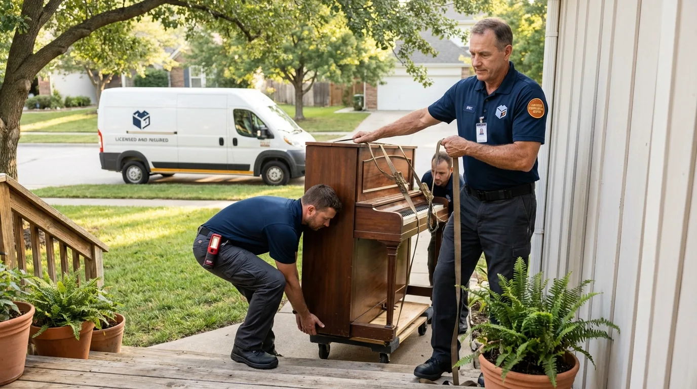 Licensed piano movers securing grand piano in Georgetown, SC